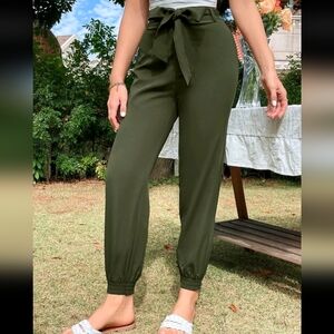 Solid Green Belted Jogger Dress Pants